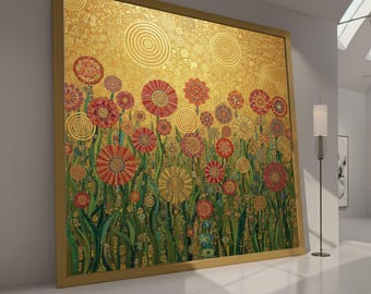Gustav Klimt Floral Garden Canvas, Abstract Gold Flower Wall Art, Decorative Modern Canvas, Vibrant Botanical Home Decor