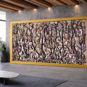 May include: Large abstract painting in a gold frame. The artwork features a complex arrangement of black, white, yellow, and purple shapes. The painting is displayed in a modern, minimalist interior with a concrete floor.