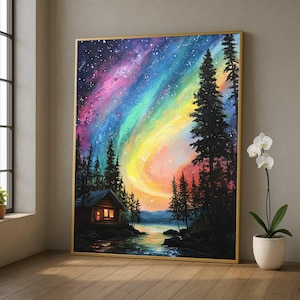 Colorful Aurora Borealis Canvas, Northern Lights Wall Art, Cabin by Lake, Forest Night Sky Painting, Nature Landscape Canvas Decor