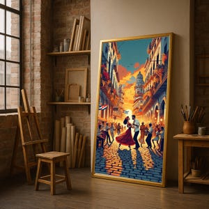 May include: A framed art print depicts a vibrant street scene with people dancing. The artwork features a couple in the foreground, a cobblestone street, and buildings with a sunset sky. The frame is gold.