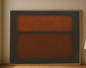 May include: Large abstract painting in a gold frame. The artwork features a dark gray border surrounding a central composition of two horizontal rectangles in shades of red-brown. The painting is displayed on a wooden floor.