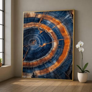 Puede incluir: Una pieza de arte mural rectangular que presenta una impresión abstracta de alta resolución de una sección transversal de un tronco de árbol con anillos concéntricos en tonos azul marino profundo y naranja vibrante, enmarcada en un fino marco dorado.