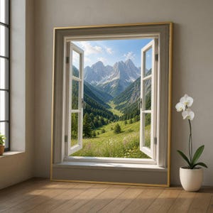 May include: A rectangular wall art piece featuring a gold frame and a realistic window view of a mountain valley. The scene displays snow-capped peaks, dense green pine forests, and a grassy meadow with wildflowers under a bright blue sky.