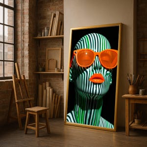 May include: A framed art print depicting a face with green and white vertical stripes, wearing orange sunglasses and with orange lips. The artwork is set against a black background and framed in gold.