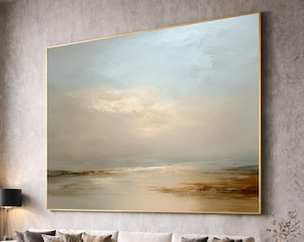 Serene Küstenhorizont Leinwand, Weicher Himmel und Meer Wandkunst, Landschaft in neutralen Tönen, ruhige Strandszene Leinwand, zeitgenössisches Wohndekor