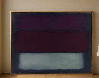May include: Abstract painting with a gold frame. The artwork features three horizontal blocks of color: a dark purple at the top, a deep burgundy in the middle, and a light blue-gray at the bottom, all against a dark blue background.