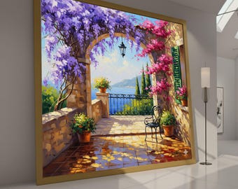 Lienzo de terraza ajardinada mediterránea, arte mural de arco floral, vista panorámica desde el balcón, lienzo vibrante de glicinas y buganvillas, hogar en la naturaleza
