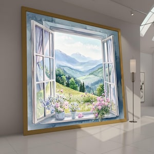 May include: A watercolour painting depicting an open window with a view of a mountain landscape. The window frame is white with blue details, and the scene shows green hills, trees, and mountains. Flower pots sit on the windowsill, adding colour.