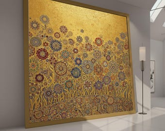 Gustav Klimt Floral Canvas Wall Art, Golden Abstract Flowers, Decorative Garden Canvas Print, Elegant Home Decoration, Ready to Hang