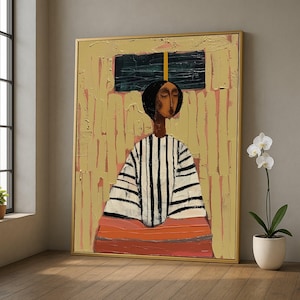 May include: Abstract painting of a person in a striped top and orange skirt. The artwork features a gold frame and a textured background with vertical brushstrokes. A dark rectangle with a yellow line is above the person's head.