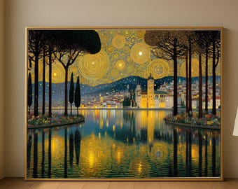 May include: A framed landscape painting depicts a serene lake scene at dusk. The artwork features a golden sky with circular patterns, a city skyline, and tall trees reflected in the water. The color palette includes gold, blue, and brown tones.