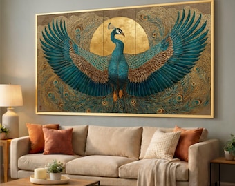 Majestic Peacock Canvas Wall Art, Blue Feather Print, Gold Accent Decor, Bird Illustration Canvas, Nature Art for Home
