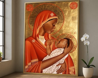 Arte de parede em tela com a Virgem Africana e o Menino, pintura de ícone religioso, decoração cristã em tela, retrato sagrado da mãe e do bebê, lar espiritual