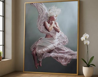Ethereal Woman in Flowing Fabric Canvas, Graceful Female Portrait Wall Art, Soft Pastel Home Decor, Elegant Movement Canvas Artwork