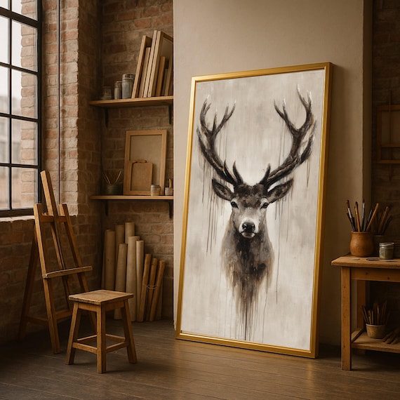 Majestic Deer Head Canvas, Rustic Wildlife Wall Art, Antler Portrait Painting, Nature Inspired Decor, Modern Cabin Canvas Art