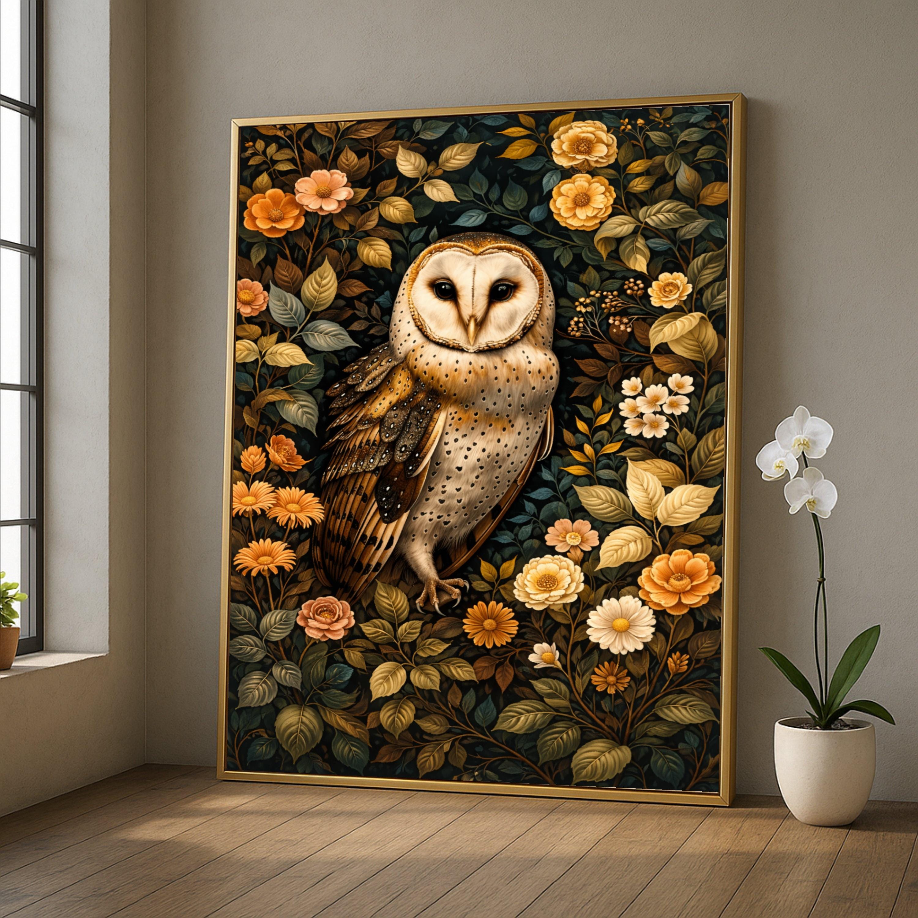 William Morris Owl Canvas Wall Art, Detailed Barn Owl and Floral Botanical Canvas, Elegant Nature Wi