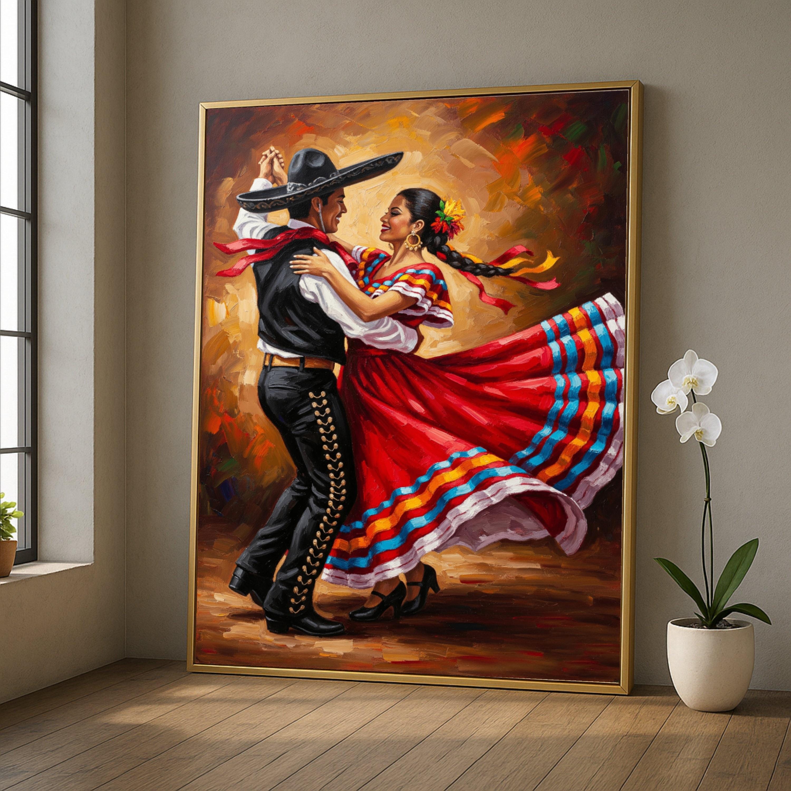 Vibrant Mexican Folklore Dance Canvas, Traditional Couple Dancing