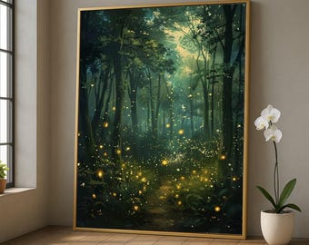 Enchanted Forest Path Canvas, Glowing Fireflies Wall Art, Magical Nature Scene, Mystical Woodland Decor, Illuminated Forest Canvas