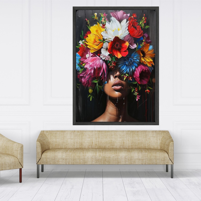 Vibrant Floral Crown Portrait Canvas, Colorful Woman Face Wall Art ...