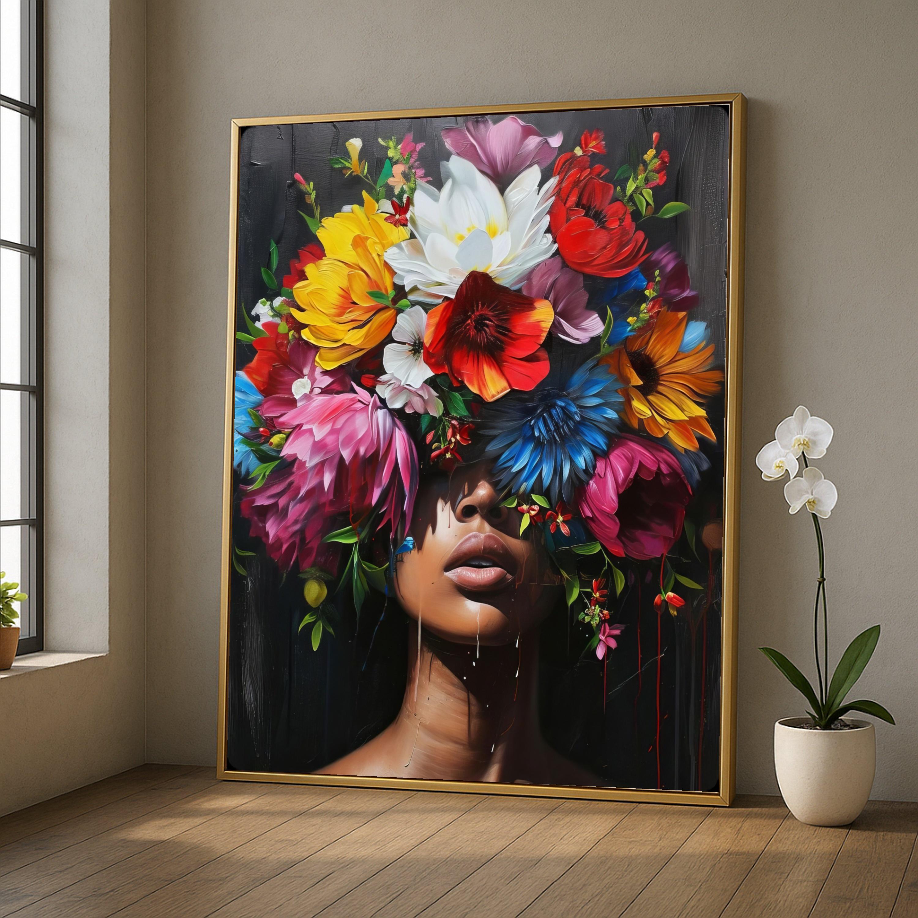 Vibrant Floral Crown Portrait Canvas, Colorful Woman Face Wall Art ...