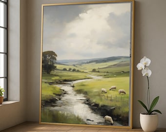 Peaceful Countryside Stream Canvas, Pastoral Landscape Wall Art, Sheep Grazing Scene, Serene River Meadow Canvas, Rustic Home Decor
