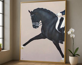 May include: A framed painting depicts a black horse in a dressage pose. The horse is in motion, with one leg extended. The rider is partially visible, wearing a white glove. The artwork has a gold frame and a neutral background.
