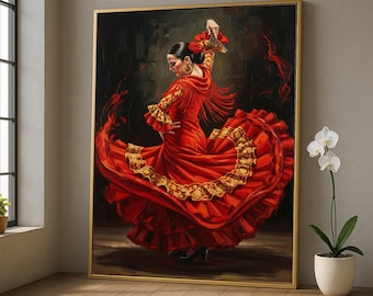 Leidenschaftliche Flamenco-Tänzerin Leinwand, Spanische Tanzwandkunst, Rotes Kleid Gemälde, Traditionelles Flamenco-Dekor, Lebendige Tanzbewegung Leinwand