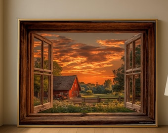 Puede incluir: Impresión enmarcada que representa un paisaje rural visto a través de una ventana abierta. La escena presenta un granero rojo, un tractor y una valla bajo un cielo de atardecer vibrante. El marco de la ventana es de madera oscura.