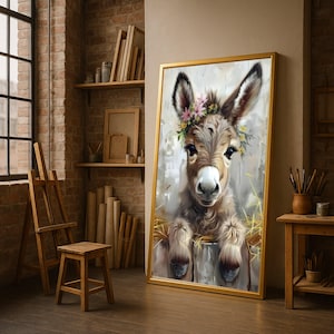 May include: A framed print of a donkey wearing a floral crown. The donkey has brown and grey fur and large ears. The artwork is in a gold frame and is leaning against a wall in an artist's studio, with a wooden easel and stool.