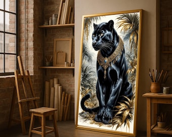Majestic Black Panther Canvas Wall Art, Exotic Wildlife Portrait, Jungle Animal Canvas, Elegant Gold Necklace Decoration, Luxury Home Art