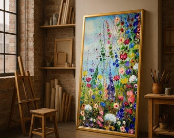 Vibrant Wildflower Garden Canvas, Abstract Floral Wall Art, Colorful Meadow Flowers Painting, Nature-Inspired Canvas Decor, Ready to Hang
