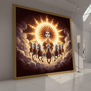 Peut inclure: Grande œuvre d'art encadrée représentant une divinité dans un char tiré par sept chevaux blancs, entourée d'un soleil radieux et de nuages. L'œuvre a une palette de couleurs chaudes avec des tons or et marron, créant un thème céleste.