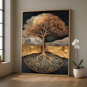 May include: A framed art print featuring a stylized tree with gold and brown tones. The tree's roots are visible in a semi-circle, with a gold and black background. The artwork is in a gold frame and leans against a wall.