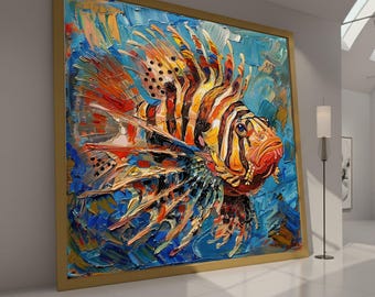 Colorful Lionfish Canvas Wall Art, Ocean Life Painting, Vibrant Coral Reef Decor, Marine Wildlife Canvas, Fish Art for Home