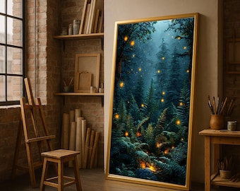 Lienzo de luciérnagas de bosque encantado, arte mural con escena nocturna mágica, decoración de naturaleza boscosa, lienzo con luces brillantes, paisaje místico