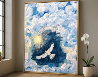 飛ぶ鳩の無料アートプリント、カーテンが揺れて窓から飛び立つ白い鳥