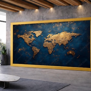 Elegant guldfärgad världskarta-canvas, väggkonst i blå bakgrund, modern resedekor, global kartcanvas, dekoration för hemmakontoret