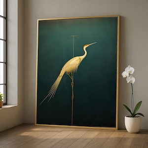 May include: A framed art print depicting a stylized crane in gold and cream hues against a deep teal backdrop. The crane is perched on a thin line, within a gold frame. The artwork is displayed in a room with a window and a potted orchid.