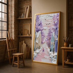 Sentier d'hiver serein, toile d'arbres violets, scène de village confortable, oeuvre d'art murale cycliste, peinture de paysage, toile de décoration intérieure