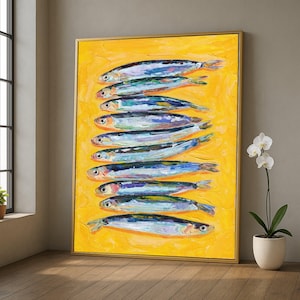鮮やかなイワシの絵画キャンバス、カラフルなシーフードウォールアート、キッチン装飾キャンバス、モダンな海岸アート、すぐに掛けられるホームデコレーション