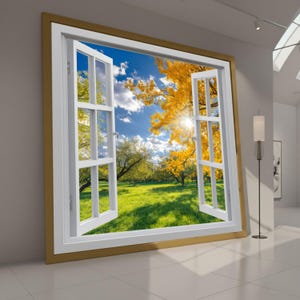 May include: A large, open window with a white frame and a gold border. The window reveals a vibrant outdoor scene with a blue sky, fluffy clouds, and trees with yellow and green foliage. The sun shines brightly.