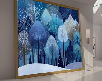 Enchanted Winter Forest, Blue Abstract Trees Canvas, Snowy Landscape Wall Art, Winter Wonderland Home Decor, Ready to Hang Canvas