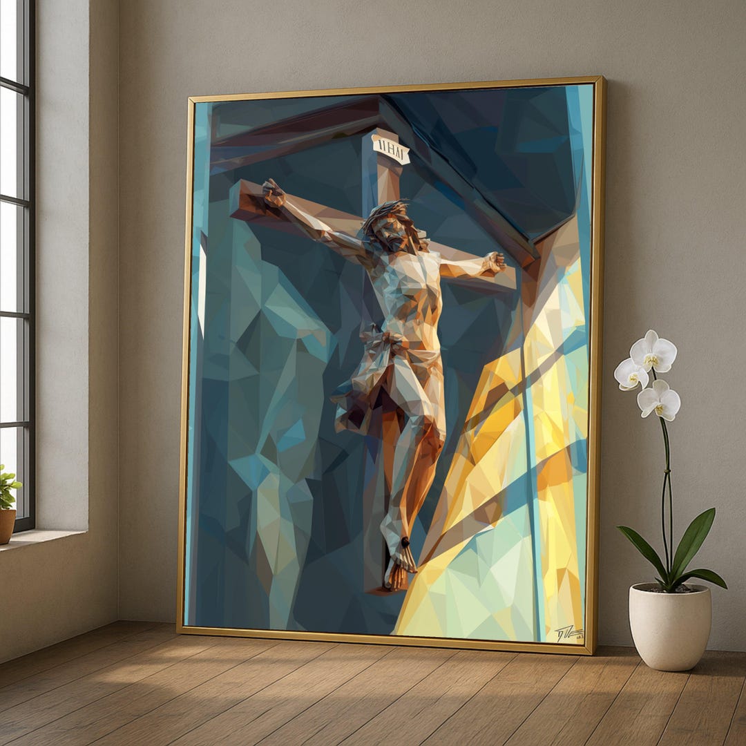 Geometric Jesus on Cross Canvas, Christian Wall Art, Religious Canvas ...