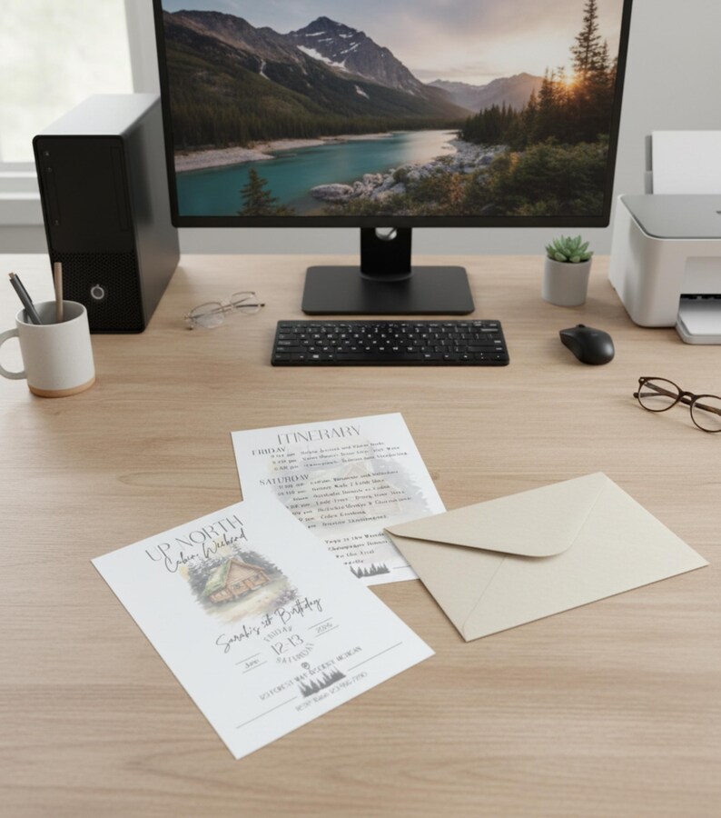 Workspace Invitation Cabin Weekend Birthday Invitation Editable Canva Cozy Getaway Party ...