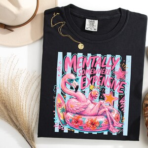 May include: A black t-shirt featuring a graphic of a pink flamingo wearing sunglasses, lounging in a floral pool float with a drink. The text reads Mentally Somewhere Expensive. The design includes a surfboard, stars, and light blue vertical stripes.