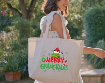 Merry Grinchmas Cotton Tote Bag, Christmas Gift