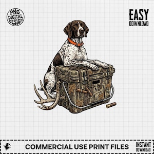 May include: Digital illustration of a hunting dog with brown and white spotted fur, wearing an orange collar, resting on a camouflage cooler. Antlers, a shotgun shell, and hunting calls are also present. The image includes the text "PNG DIGITAL DESIGN" and "EASY DOWNLOAD".