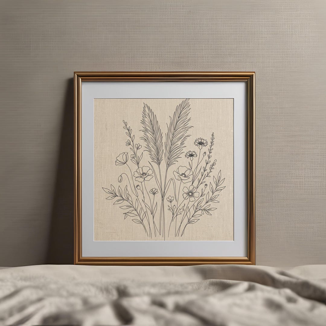 Boho Wildflower Line Art Print, Neutral Botanical Sketch, Rustic ...