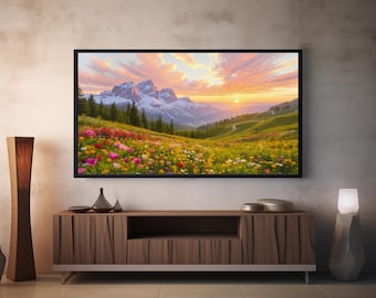 Alpine Meadow Frame TV Art, Floral Mountain Landscape (Digital Download)