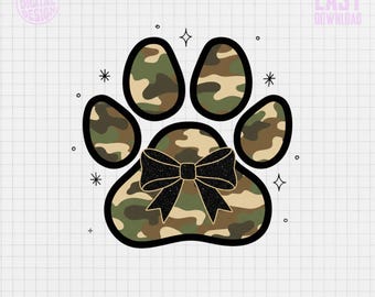 Camo Dog Paw Print PNG, Glitter Bow, Sublimation Design (Digital Download)